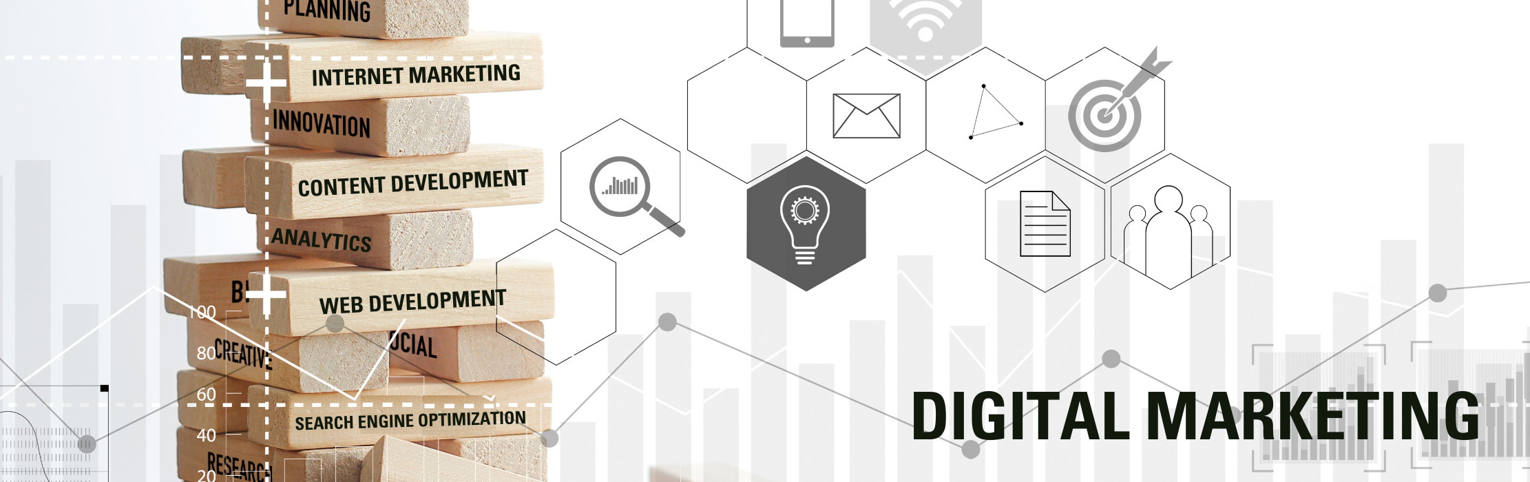 Icons with symbols and wood blocks with terms for Digital Marketing.